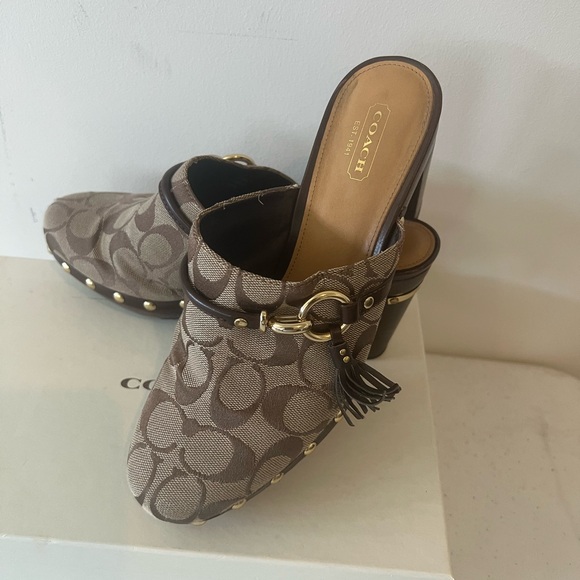 Coach Brown Mule Clogs with Signature Pattern 3 inch heel - Picture 2 of 6